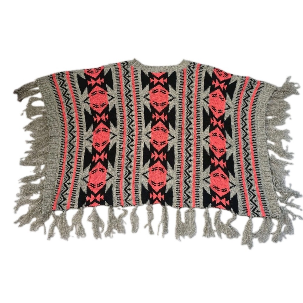 Soho Apparel Aztec Print Fringe Poncho Knit Sweater Top Neon Pink Gray Size M